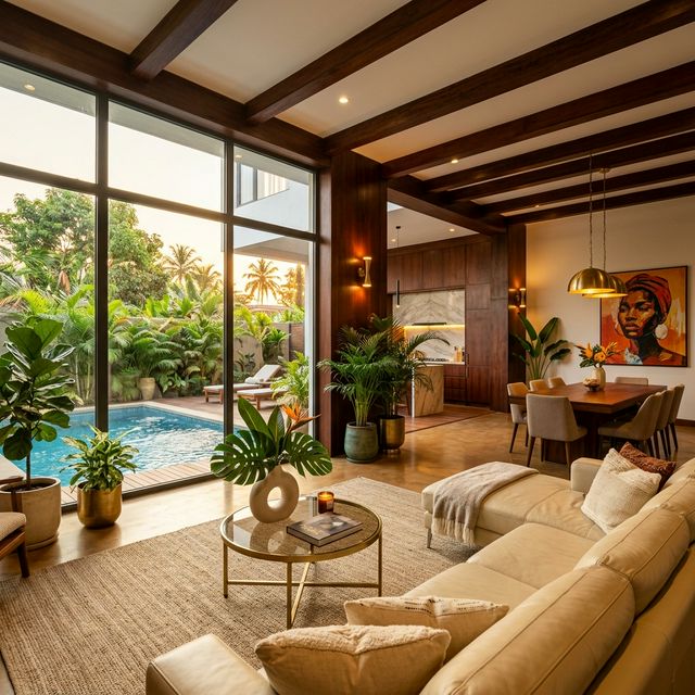 Luxury shortlet property in Nigeria — open-plan living with tropical garden views